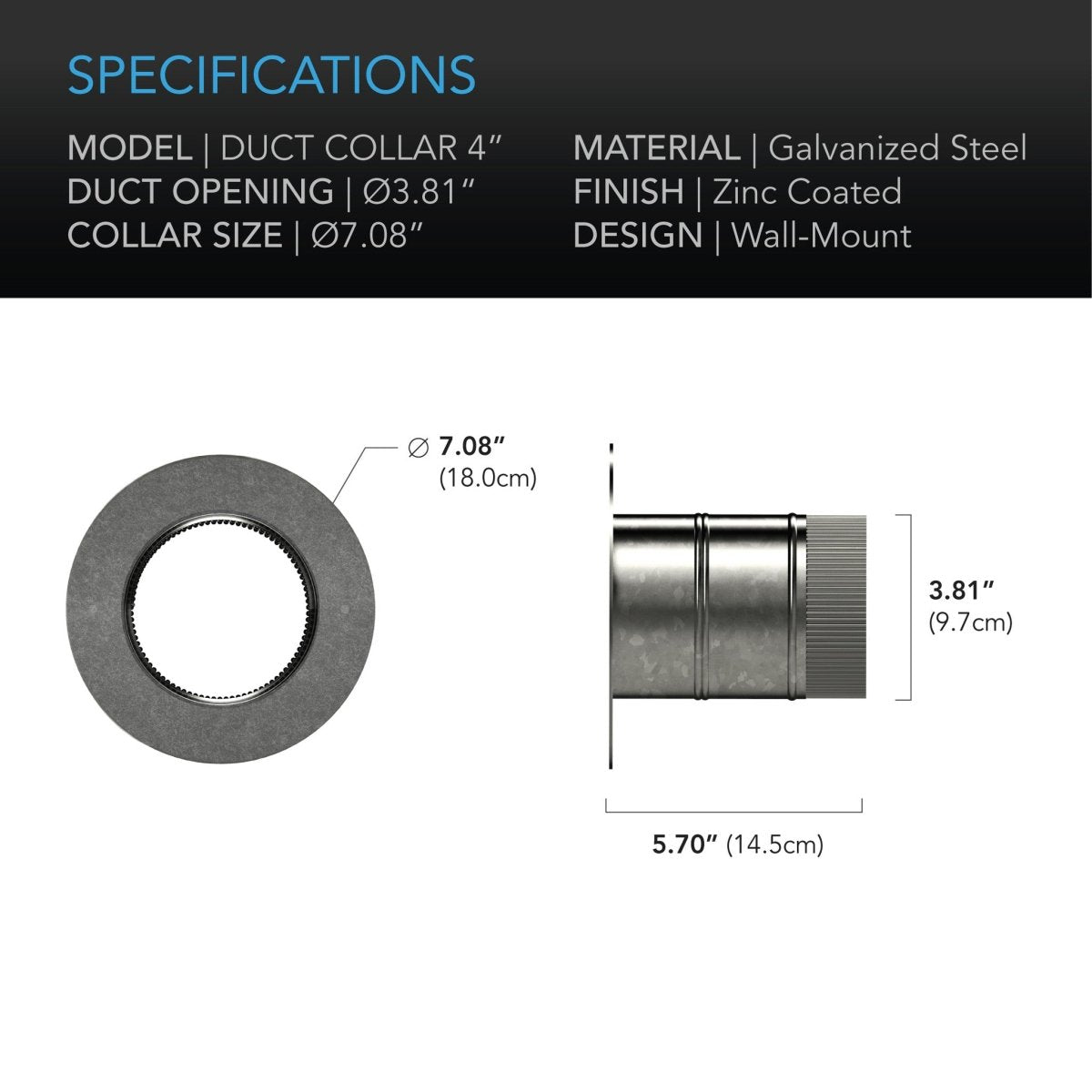 Ducting Collar, 100 mm (4 inch) Galvanised Steel - Quick Bloom Lights