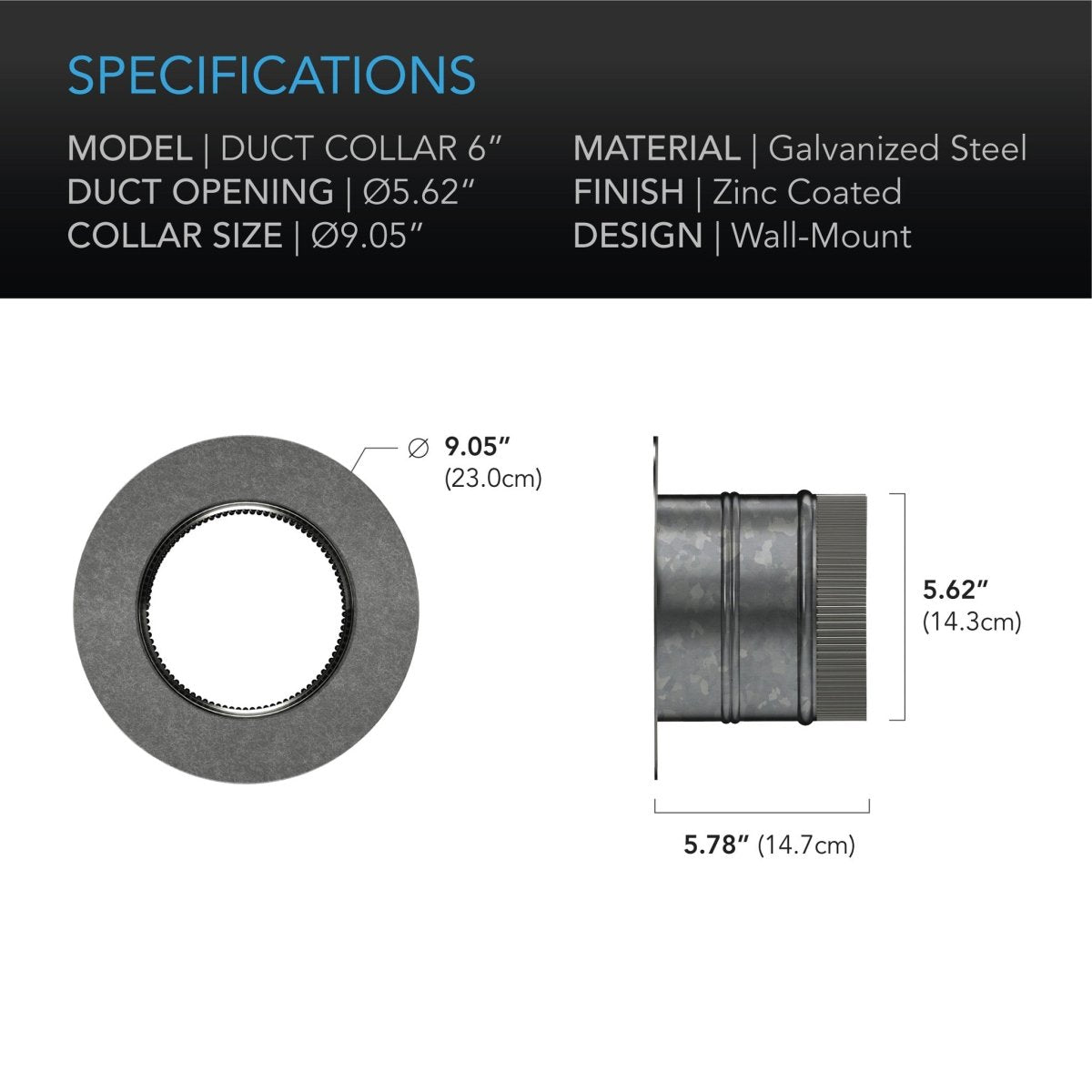 Ducting Collar, 150 mm (6 inch) Galvanised Steel AC Infinity - Quick Bloom Lights