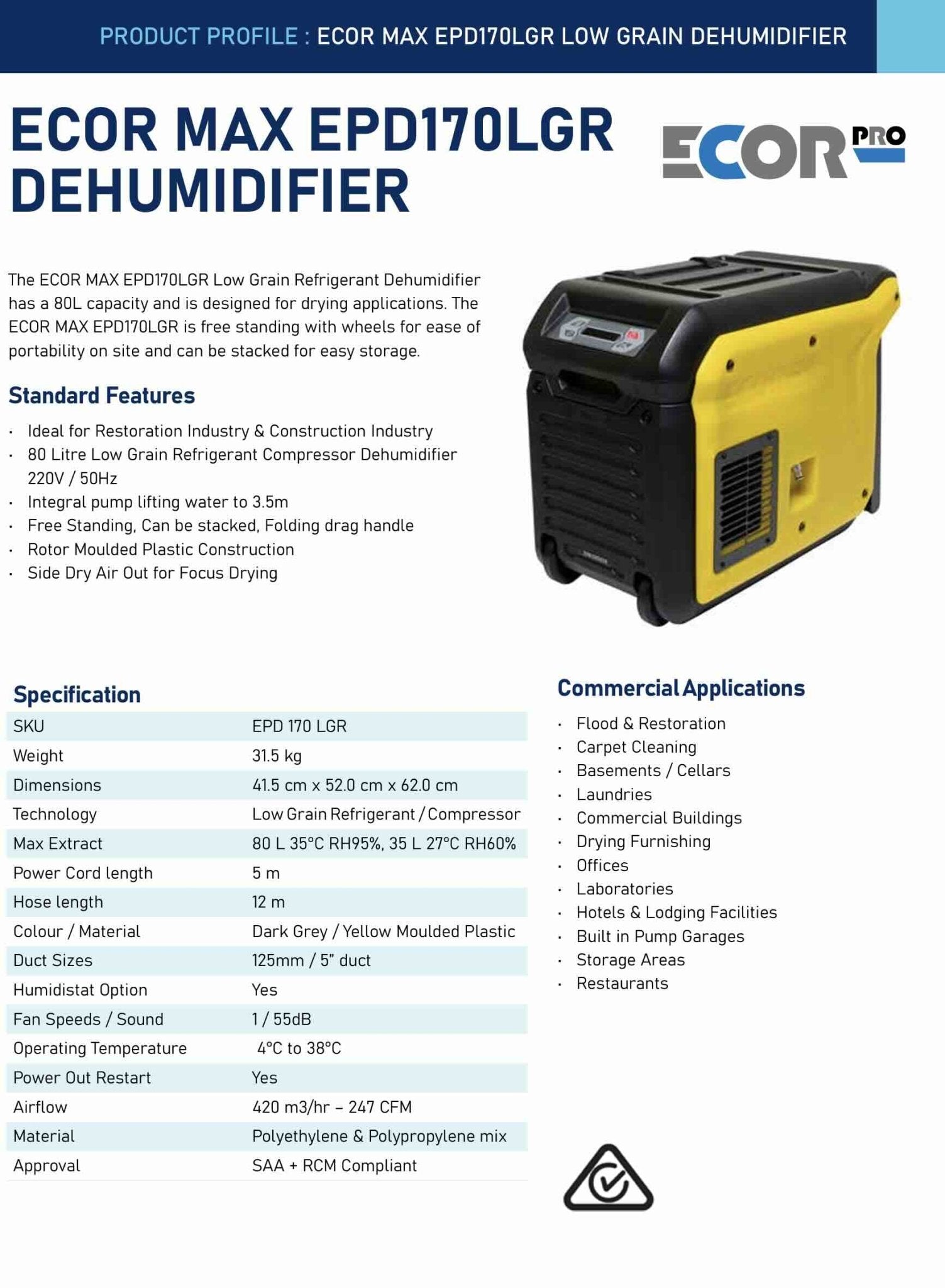Ecor Pro EPD170LGR Dehumidifier 80 Litres / Day - Quick Bloom Lights
