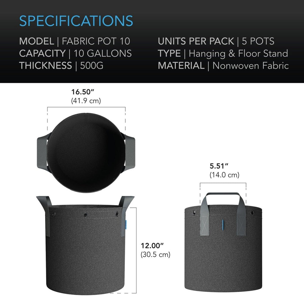 Heavy Duty Fabric Pots, 10 Gallon pots in a 5 pack by AC Infinity - Quick Bloom Lights