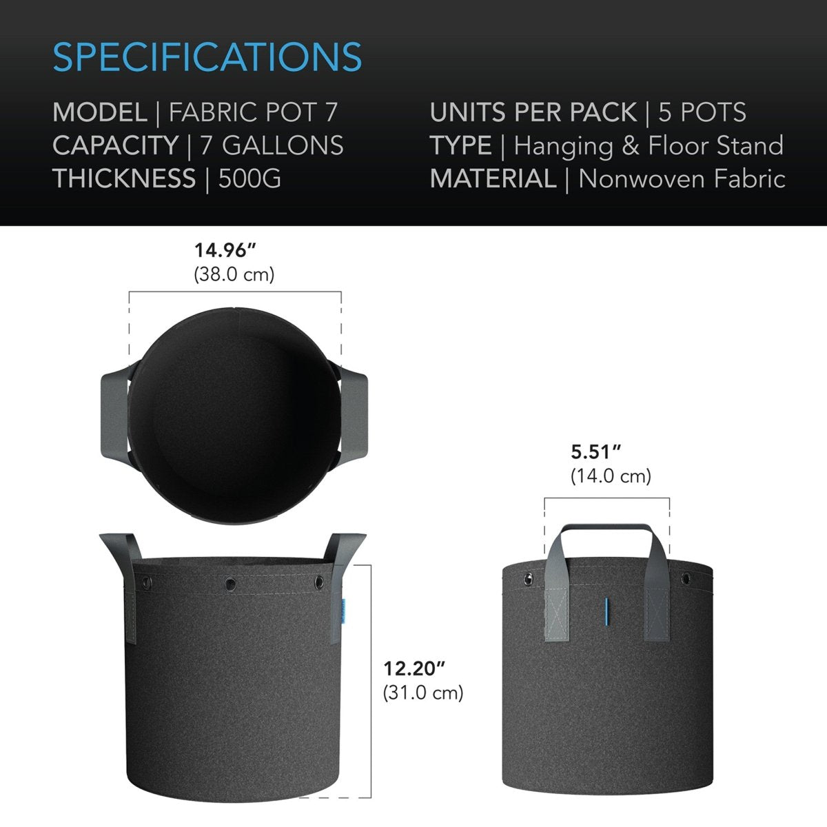 Heavy Duty Fabric Pots, 7 Gallon pots in a 5 pack by AC Infinity - Quick Bloom Lights