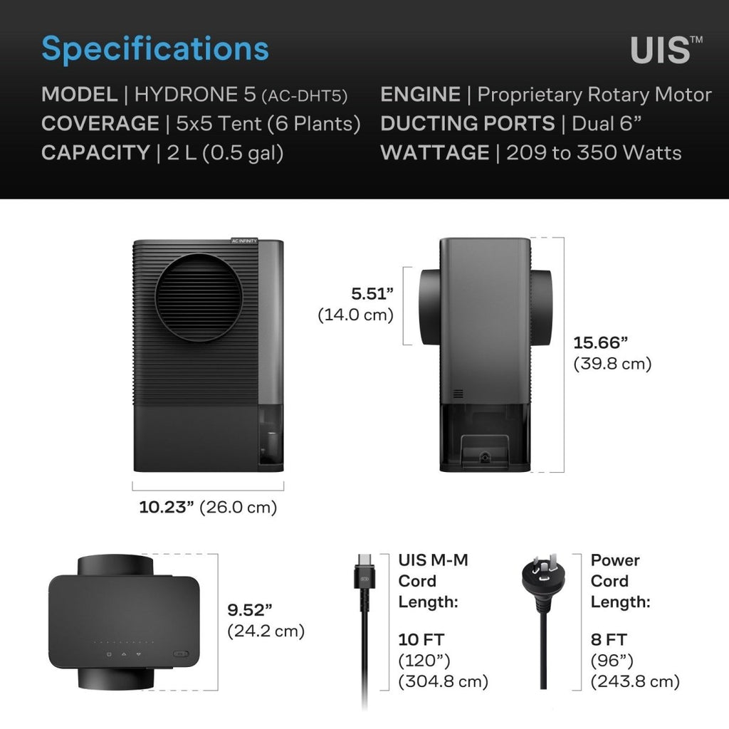 Hydrone 5, Plant Dehumidifier by AC Infinity / 10 - Level PWM, Dual Duct, VPD Control - Quick Bloom Lights