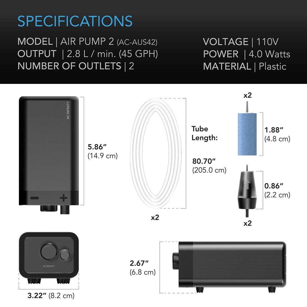 Hydroponics Air Pump, Two - Outlet Pumping Kit, 45 GPH (2.8 L/M) - Quick Bloom Lights