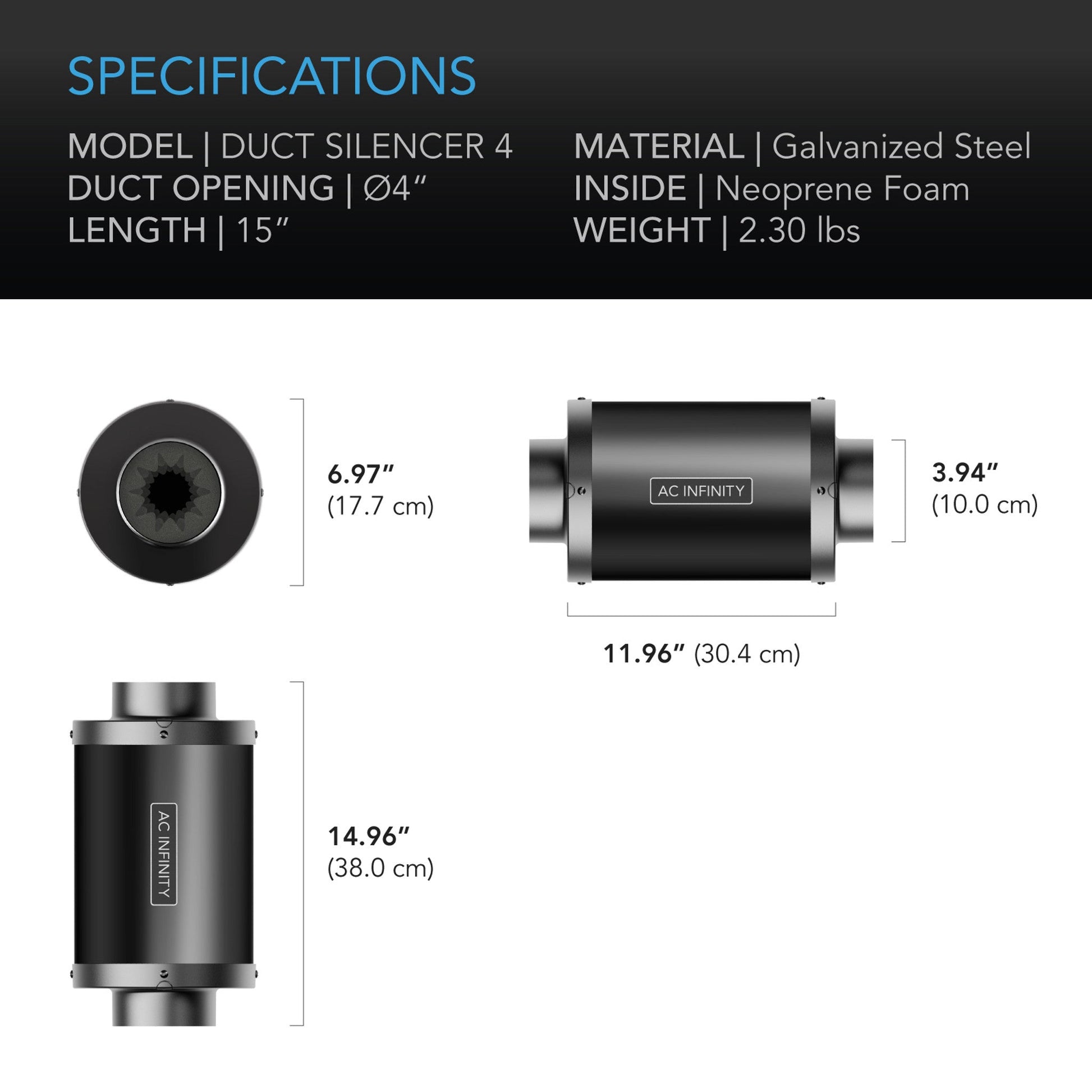 Inline Duct Fan Silencer, 4 Inch - 100 MM - AC Infinity - Quick Bloom Lights