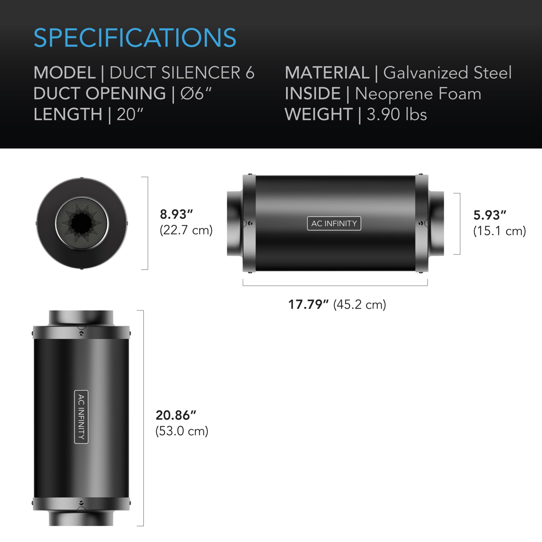 Inline Duct Fan Silencer, 6 Inch - 150 MM - AC Infinity - Quick Bloom Lights