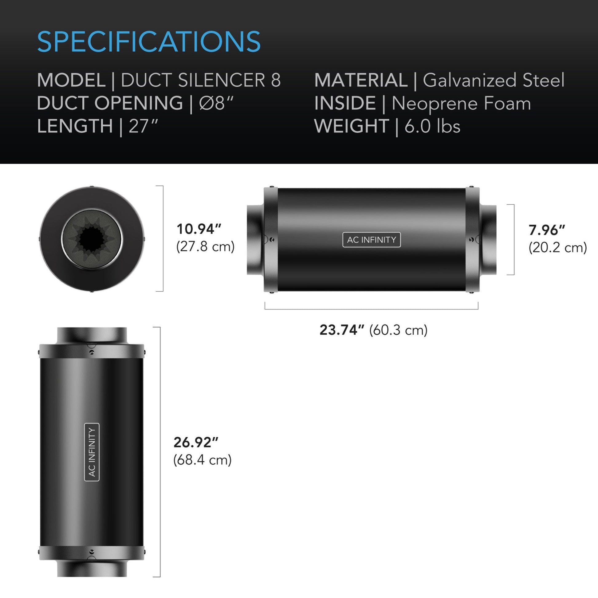 Inline Duct Fan Silencer, 8 Inch - 200 MM - AC Infinity - Quick Bloom Lights