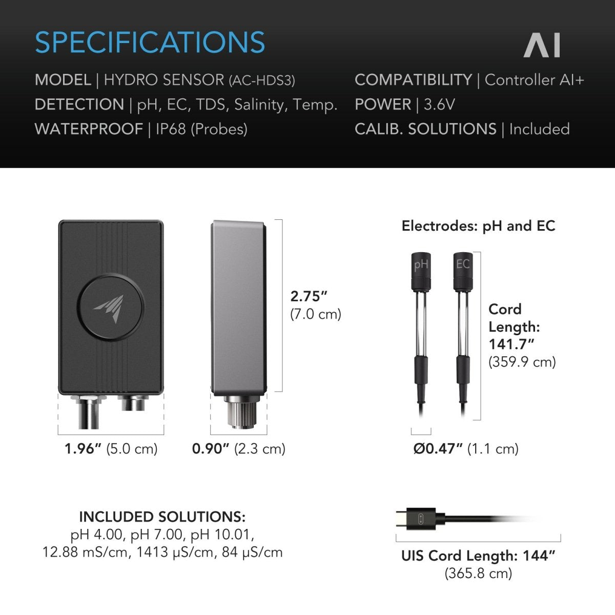 Pre order only : AI Hydro Sensor, for pH, EC, TDS and Water Temp Data Tracking - Quick Bloom Lights