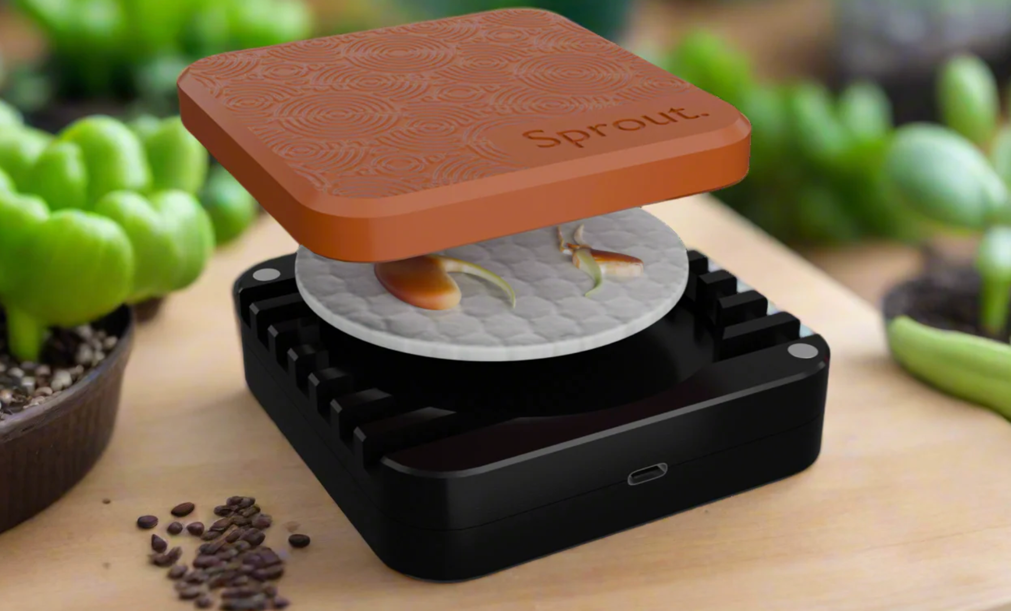 Sprout with heat pack shown off. Silicone germination pod with heat pack