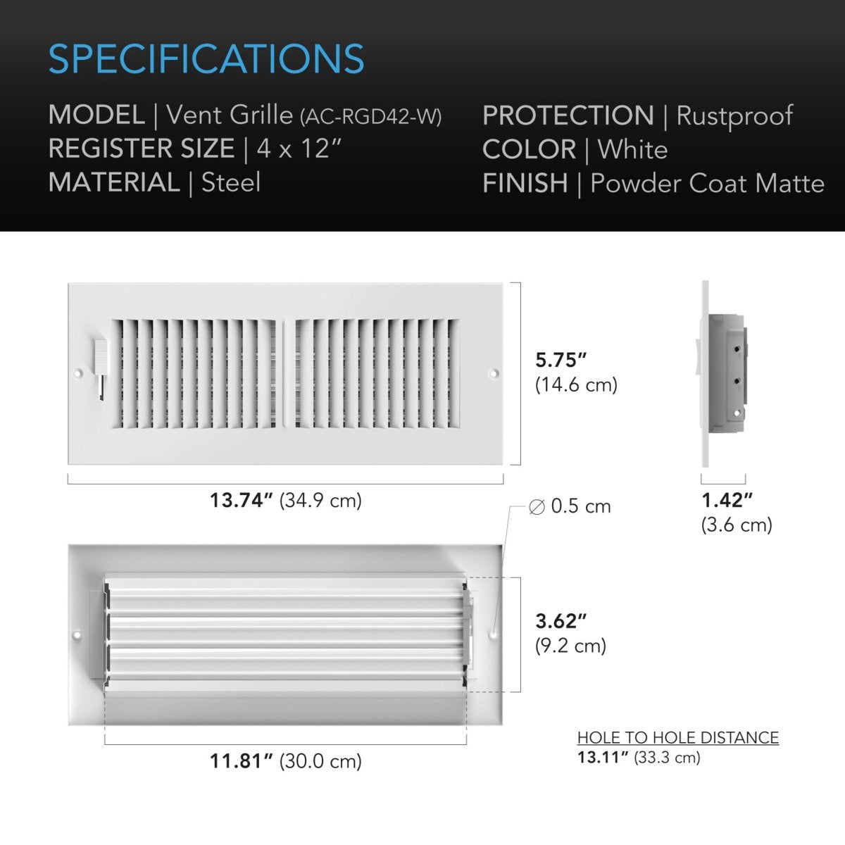 Register Ventilation Grille 4 x 12 inches White - Quick Bloom Lights