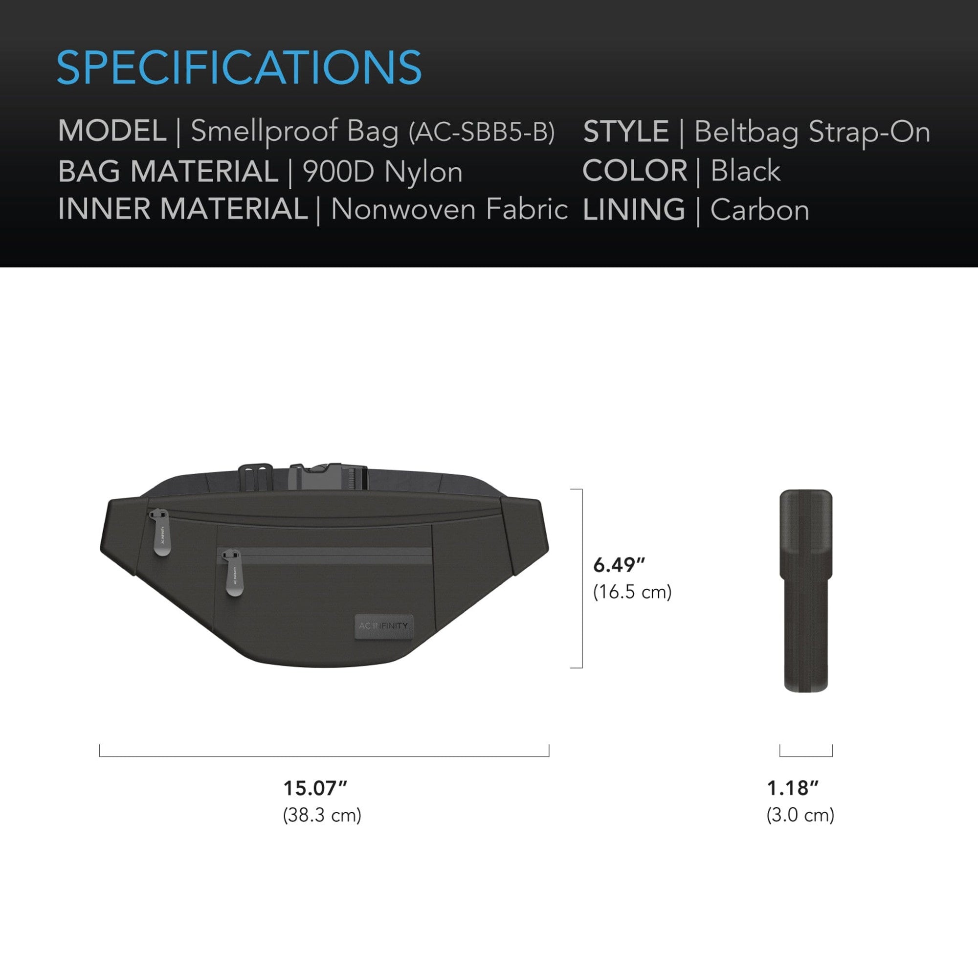 Smell Proof Belt Bag, Black, With 900D Nylon Fabric and Carbon Filter Lining - Quick Bloom Lights