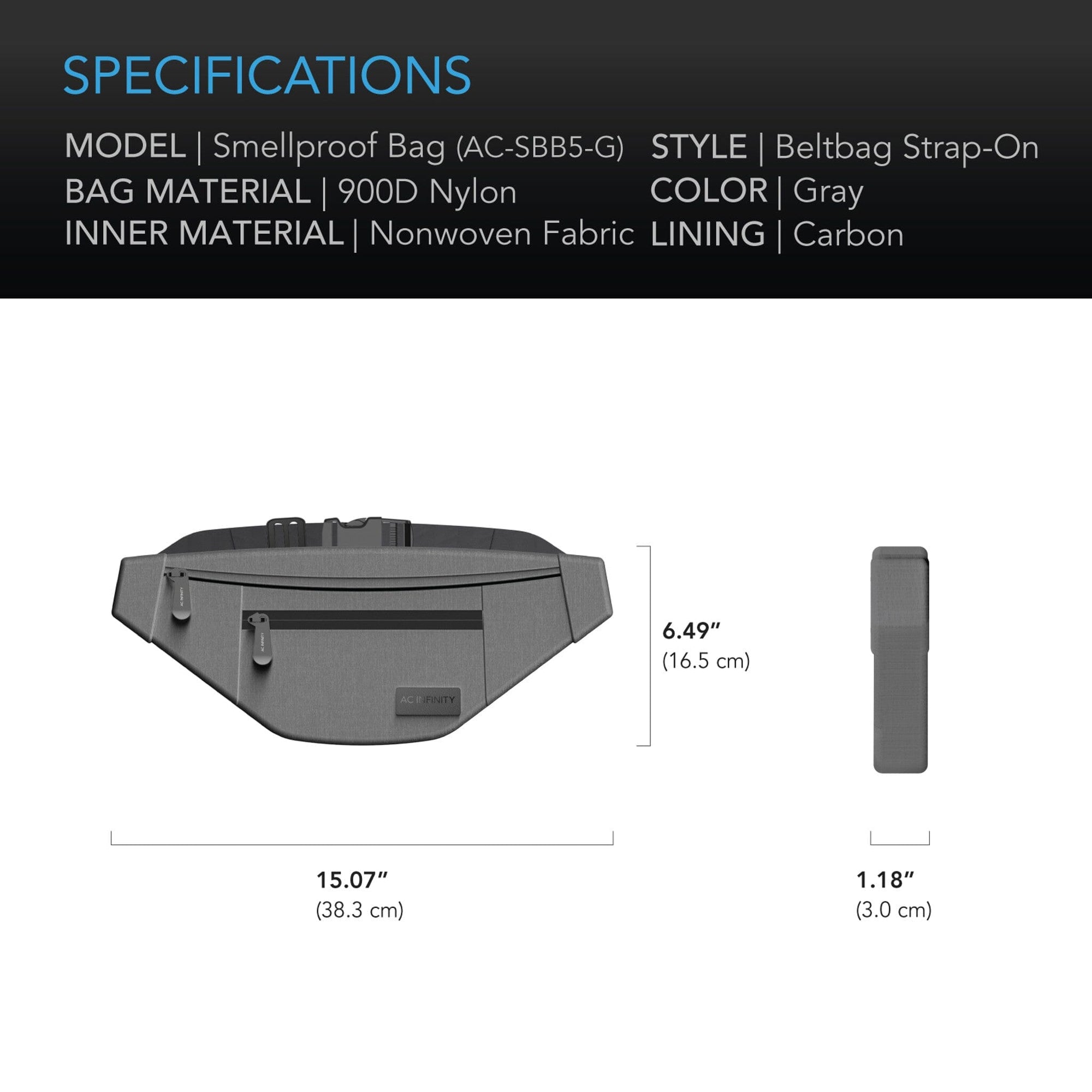 Smell Proof Belt Bag, Gray, With 900D Nylon Fabric and Carbon Filter Lining - Quick Bloom Lights
