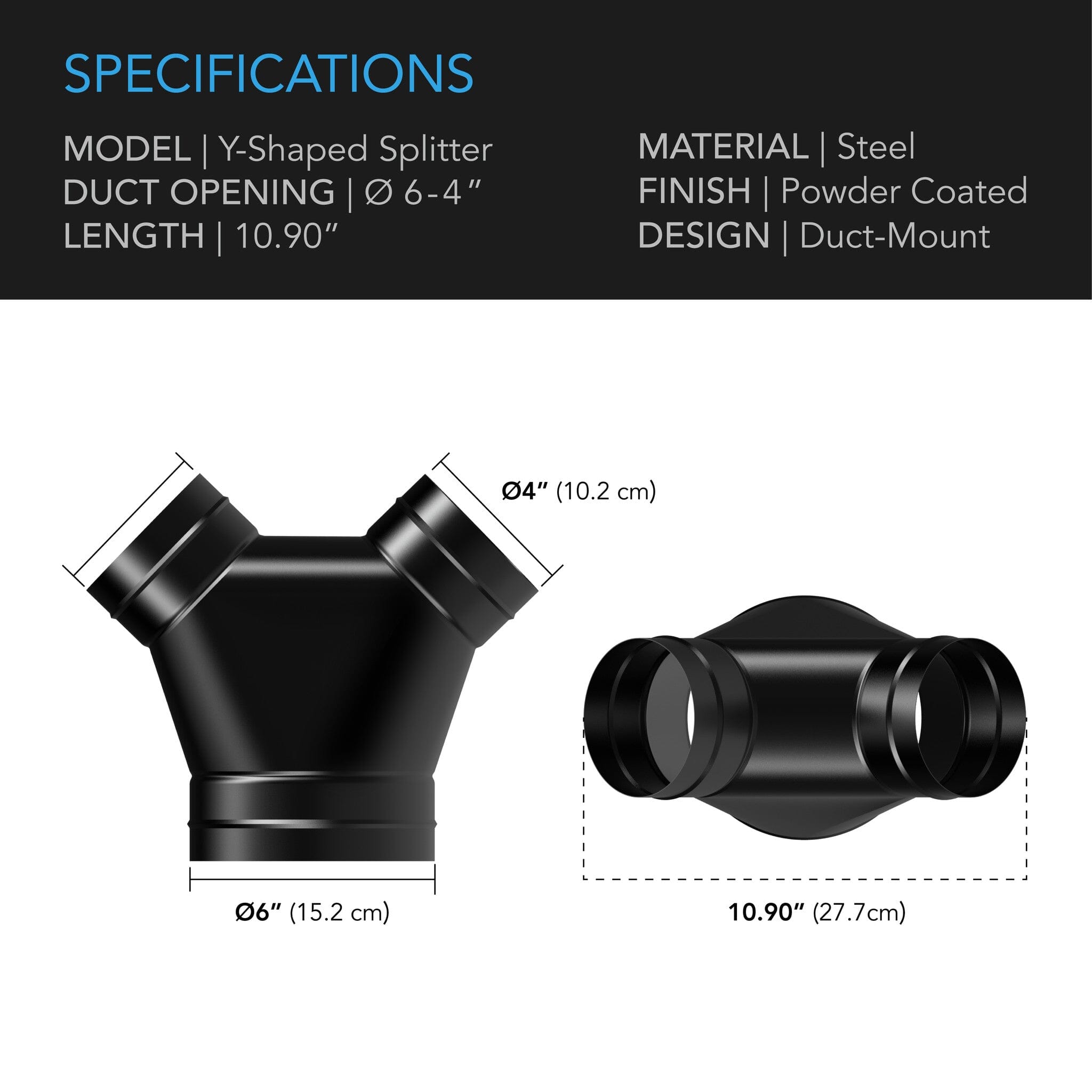 Steel 3 - Way Y Duct Splitter, 6 - Inch to 4 - Inch - Quick Bloom Lights