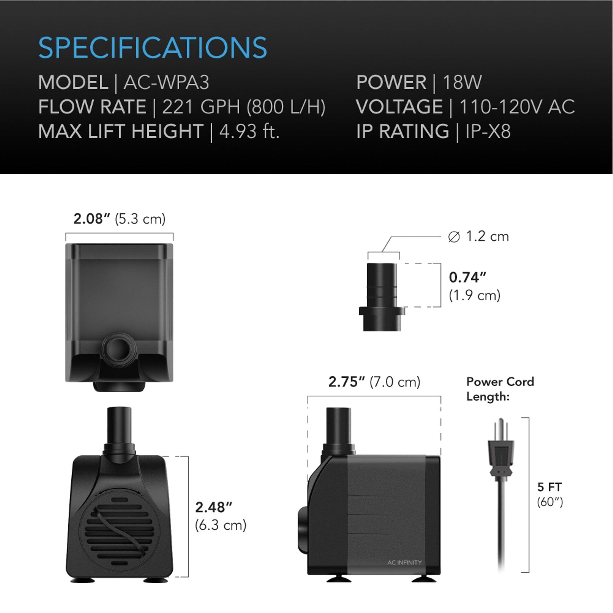 Submersible Water Pump, 5 - Feet Lift Height, 211 GPH (800 L/H) - Quick Bloom Lights