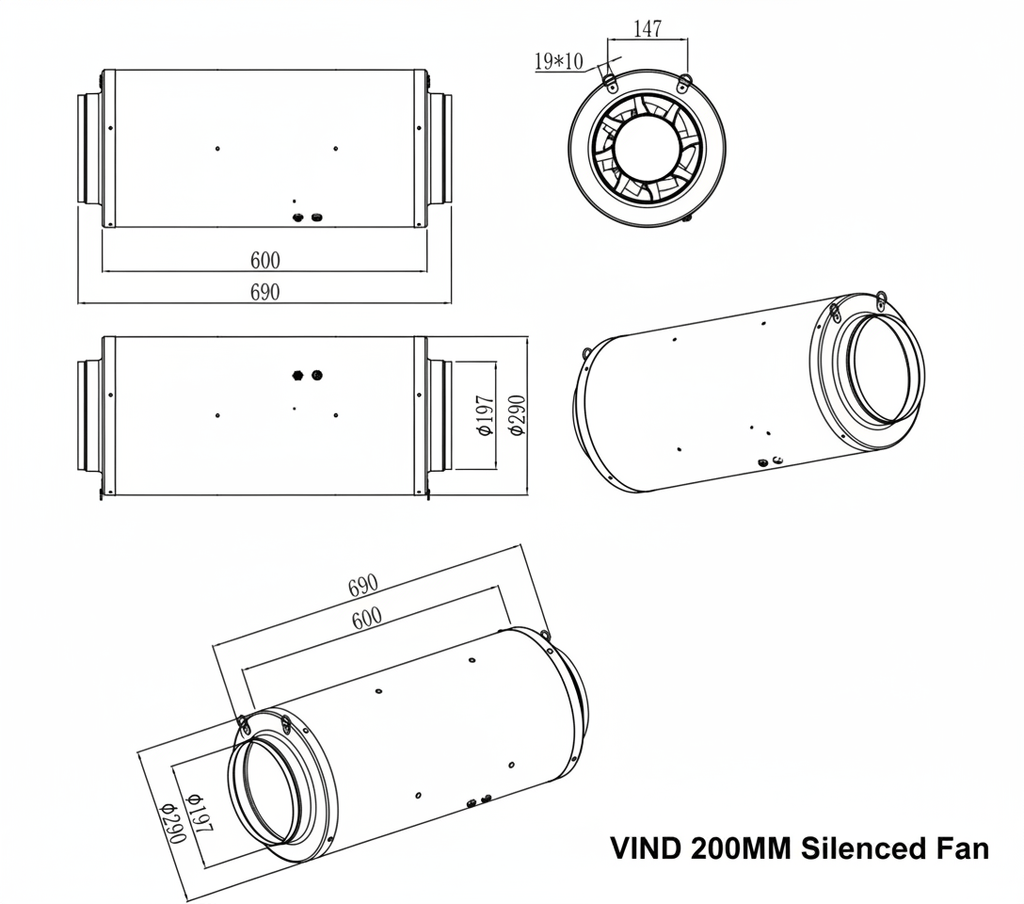 Vind 200mm Silenced Inline Fan w. Manual controller - Quick Bloom Lights