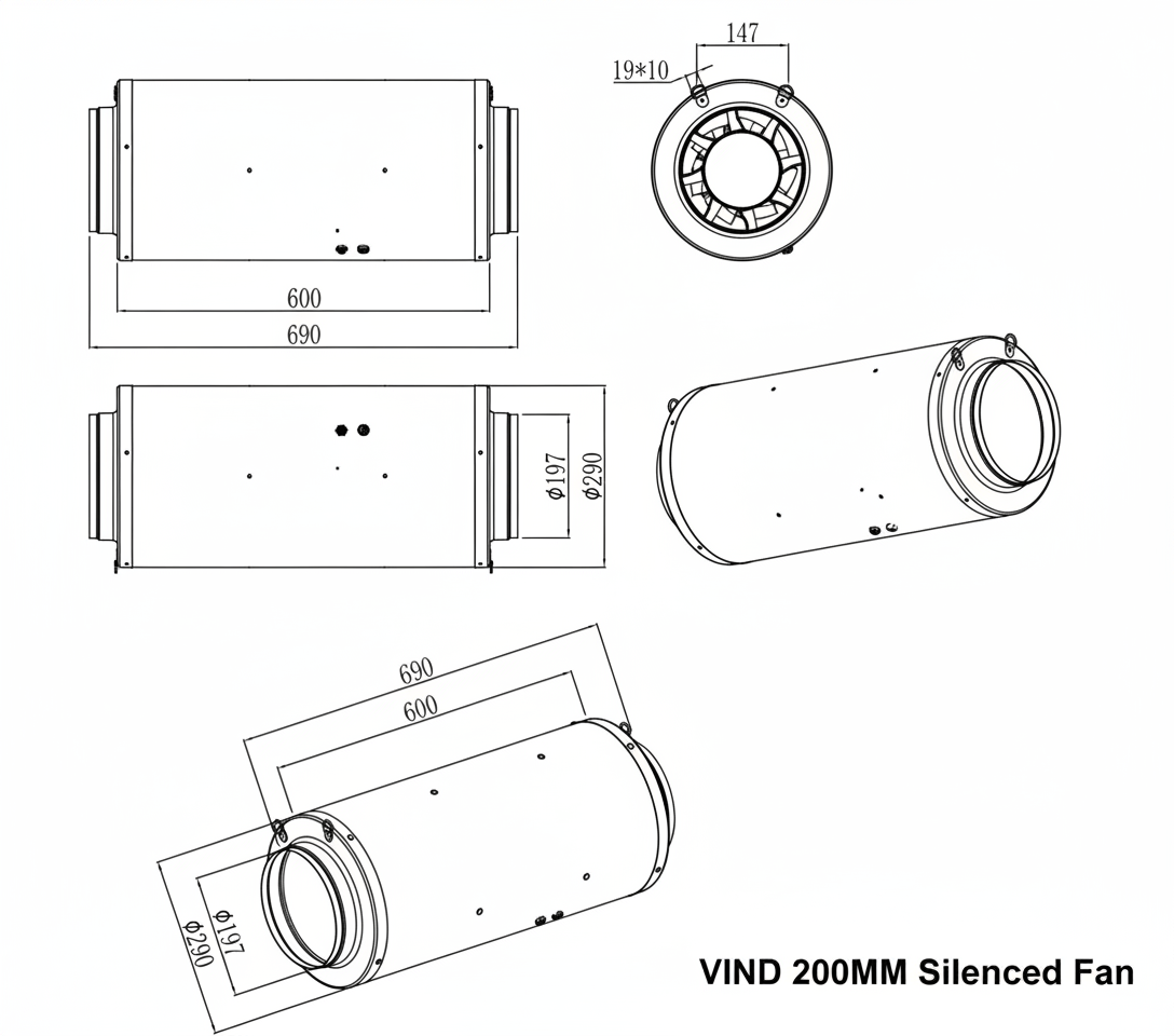 Vind 200mm Silenced Inline Fan w. Manual controller - Quick Bloom Lights