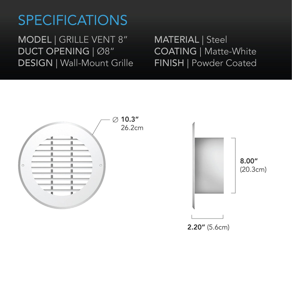 Wall - Mount Duct Grille Vent, White Steel, 8 - Inch - Quick Bloom Lights