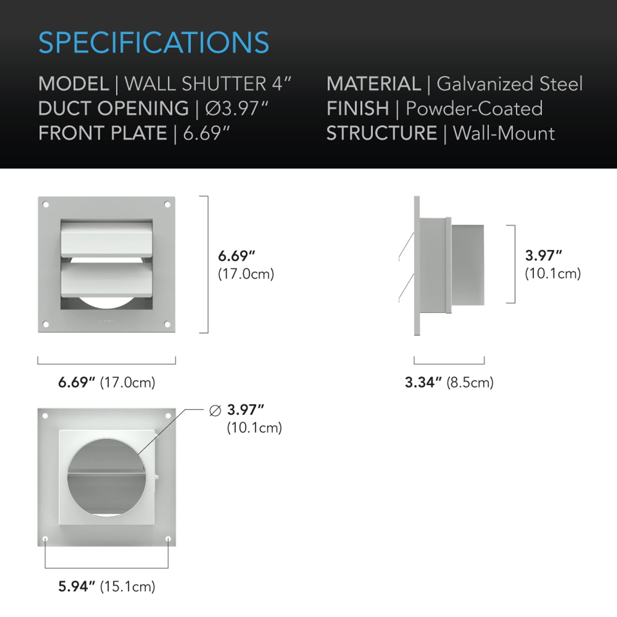 Wall Mount Duct Shutter Grille, 4 - Inch White Steel - Quick Bloom Lights