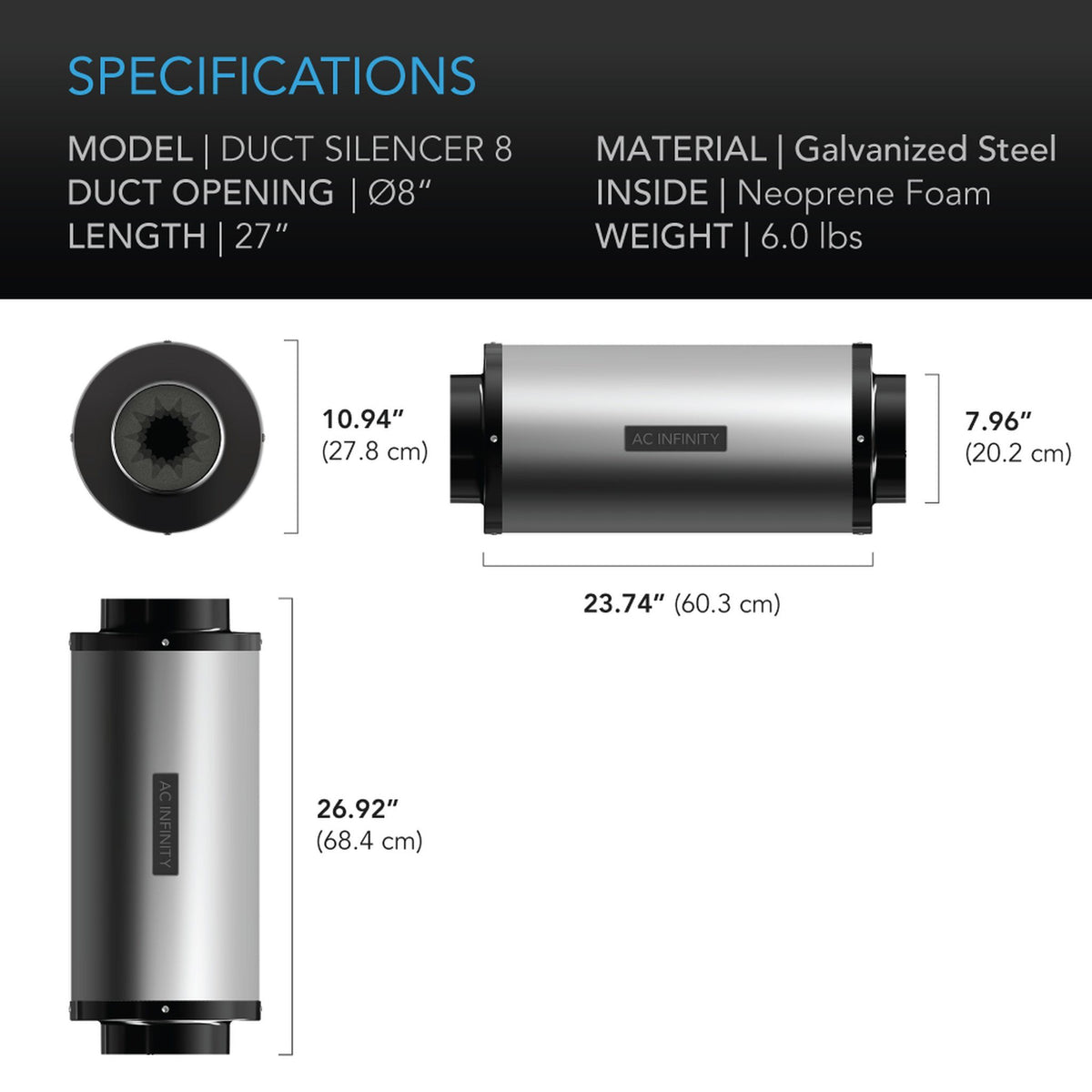 AC Infinity Duct fan silencer 8 inch specs