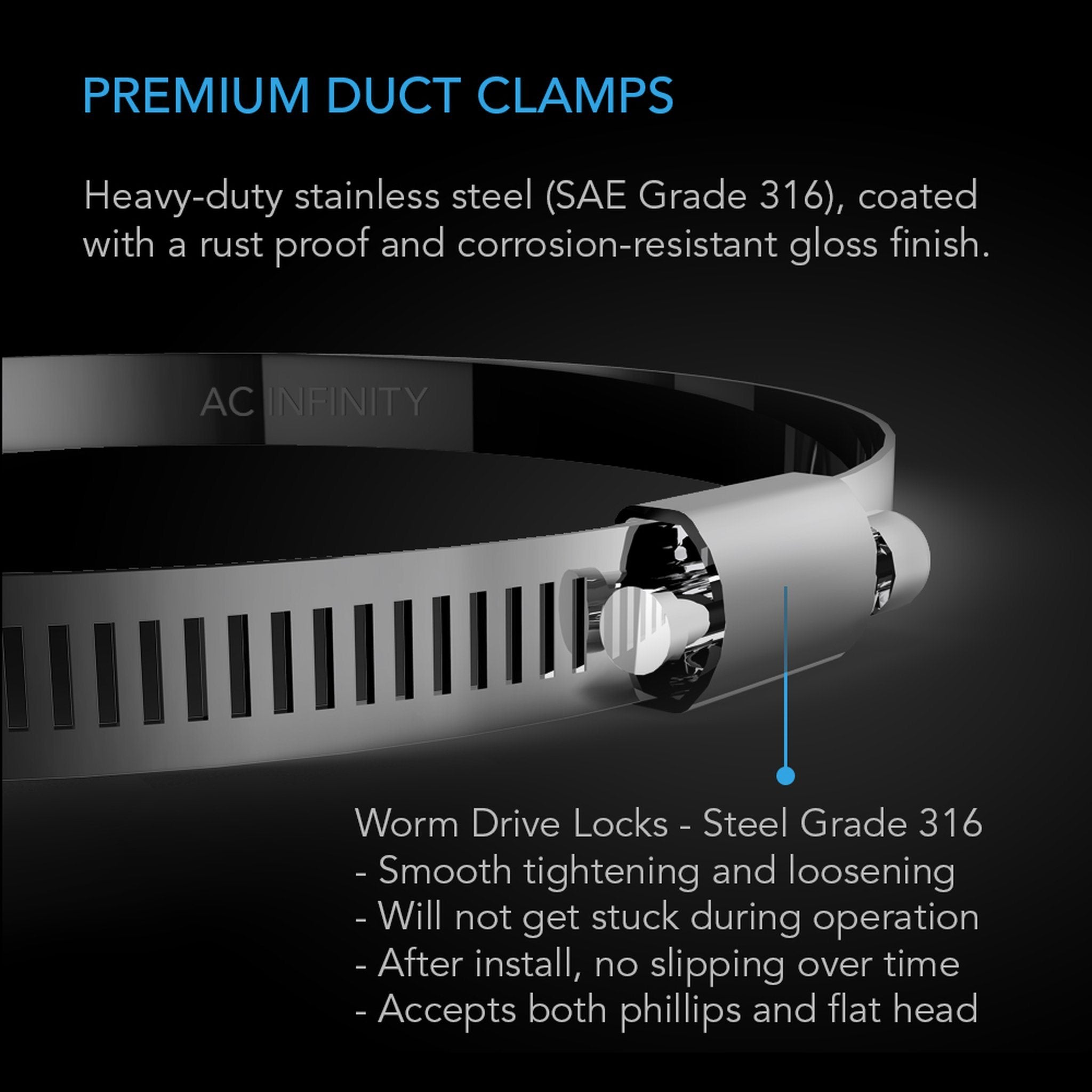 AC Infinity Stainless Steel Duct Clamps, TWO Pack (4 inch / 6 inch / 8 inch / 10 inch) - Quick Bloom Lights