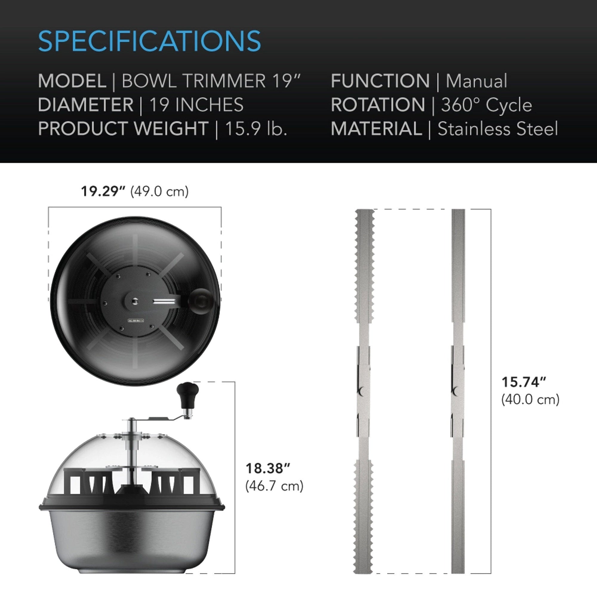 Bud Bowl trimmer, Twist spin cut with clear visibility dome, wet or dry product, 19 inch / 48.2 Cm - Quick Bloom Lights