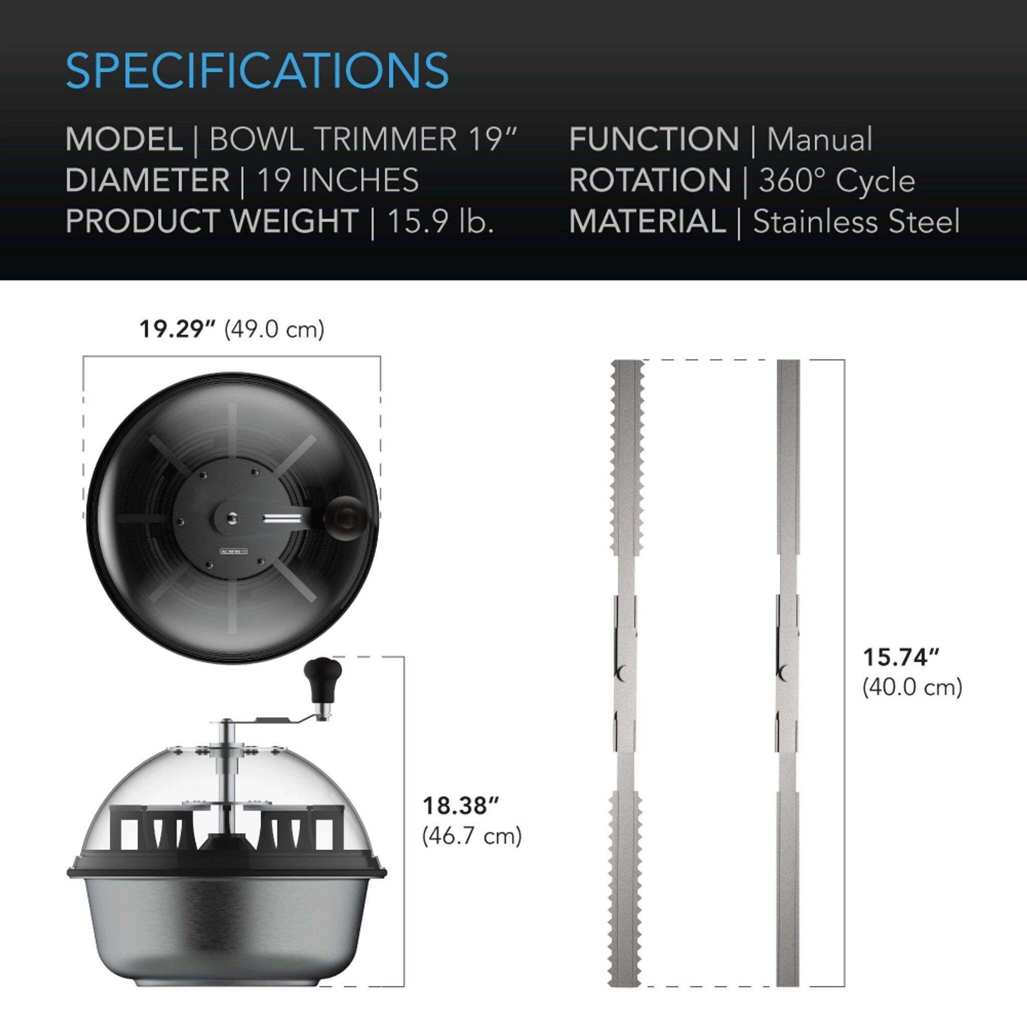 Bud Bowl trimmer, Twist spin cut with clear visibility dome, wet or dry product, 19 inch / 48.2 Cm - Quick Bloom Lights