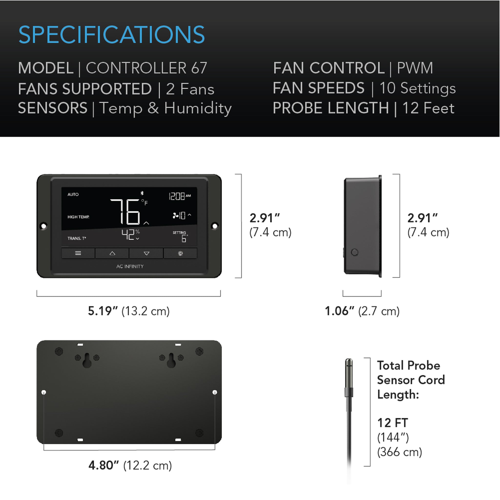 Controller 67, Temperature and Humidity Fan Controller with scheduling cycles, Dynamic Speed, Data App. - Quick Bloom Lights
