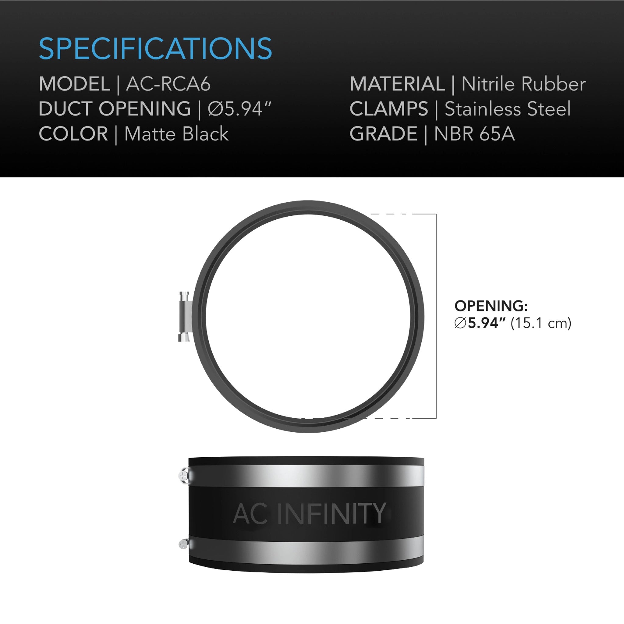 Noise Reduction Clamp, Duct Coupler with Stainless Steel Clamps, 6 inch 150 mm - Quick Bloom Lights