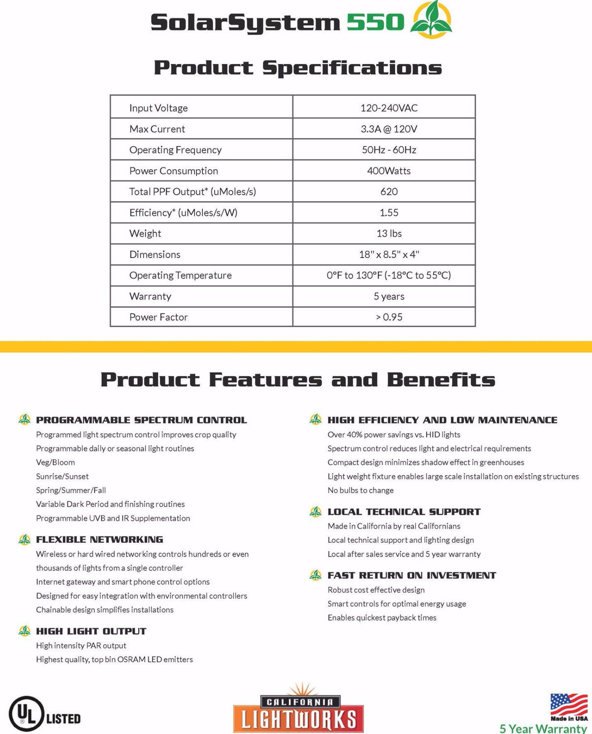 Solarsystem 550 Spec Sheet LED Grow Light